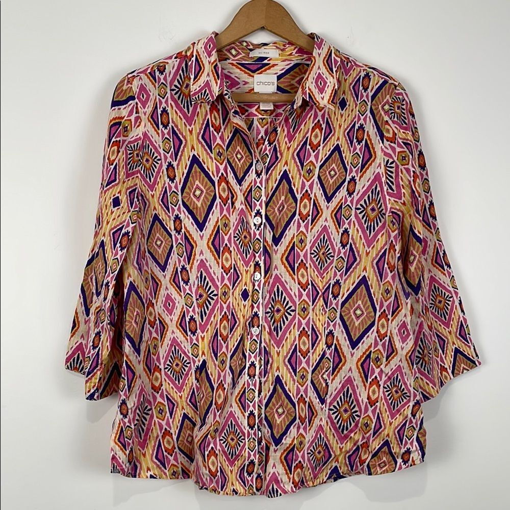 Chico's Women's 1 (M/8) Top No Iron 100% Linen Geometric Orange Pink Button Down